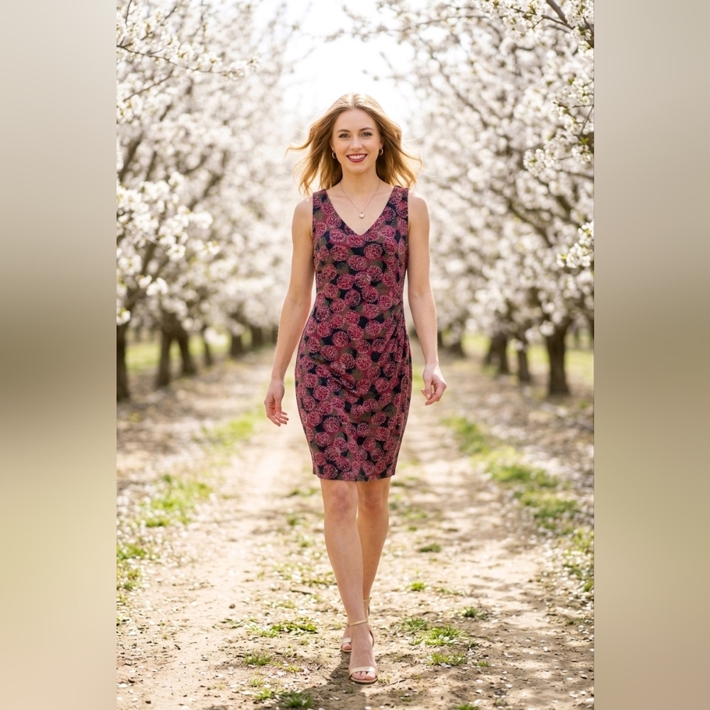 Jones New York Black and Pink Floral V-Neck Midi Dress